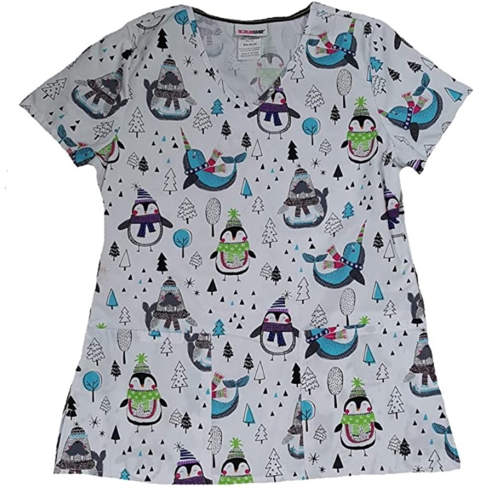 Womens Scrubstar Winter Wonderland V-Neck Scrub Top Size Small Penguins NWT